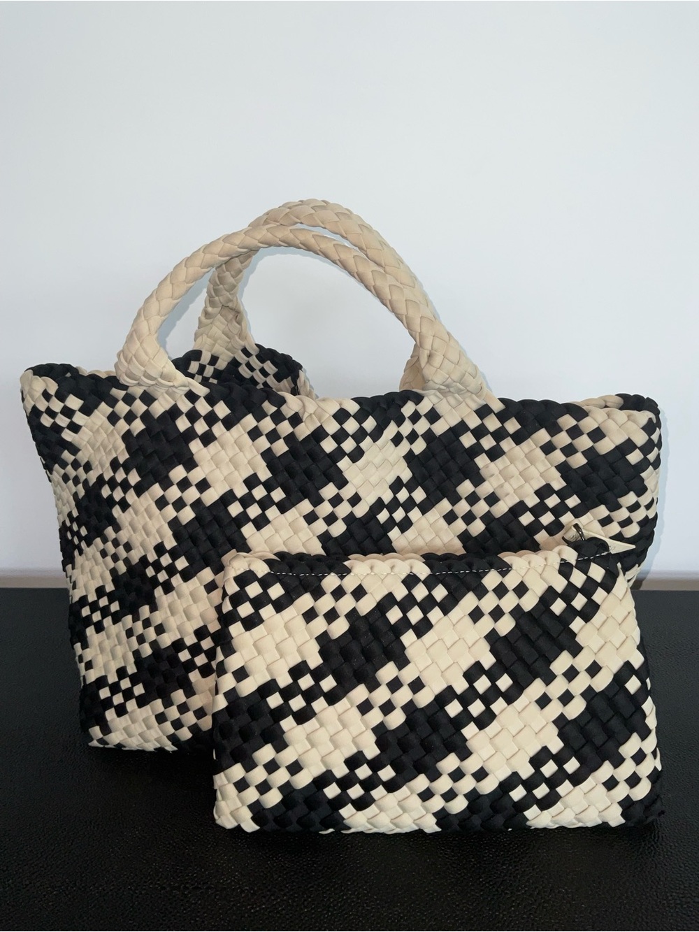 Naghedi Corsica Plaid Black and Cream Woven Tote with Matching Pouch
